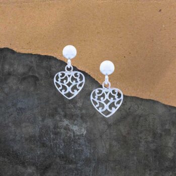 an image of a pair of Dainty Filigree Heart Dangle Post Earrings