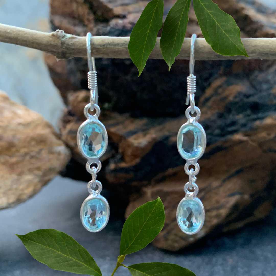 an image of a pair of Double Faceted Blue Topaz and Sterling Silver Earrings