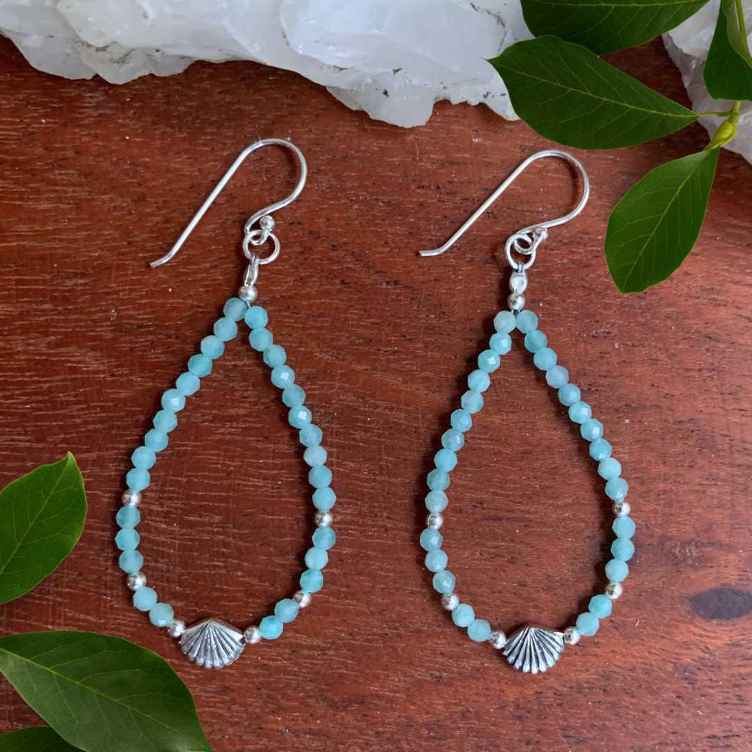 an image of a pair of Beaded Amazonite with Seashell Sterling Silver Earrings