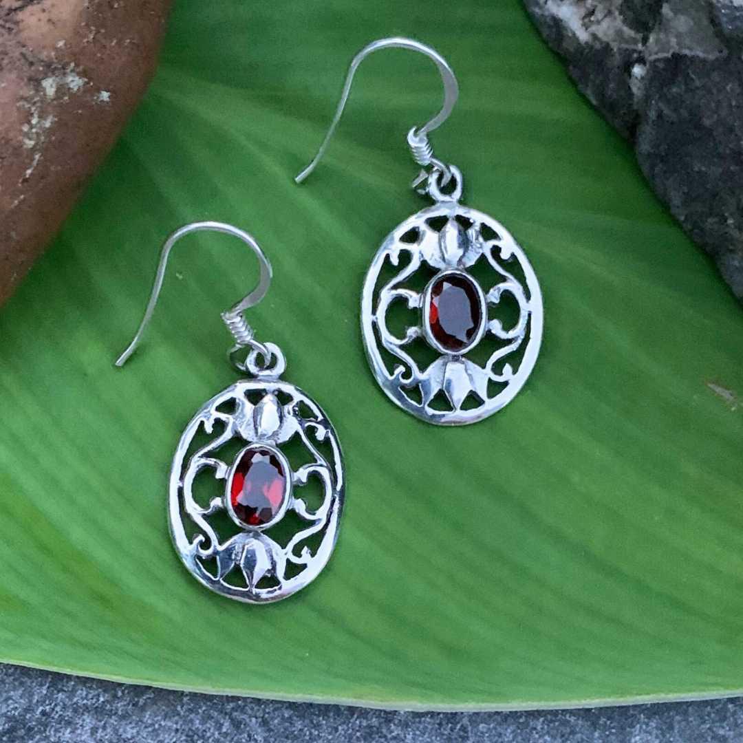 an image of a pair of Oval Filigree Garnet and Sterling Silver Earrings