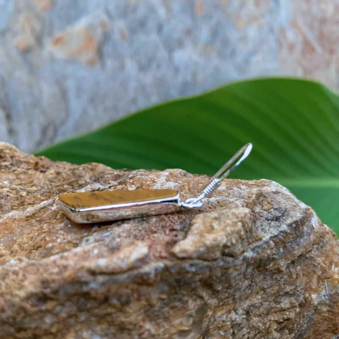an image of a pair of an image of a pair of Contemporary Tiger's Eye and Sterling Silver Earrings with a geometric angle showing a side view