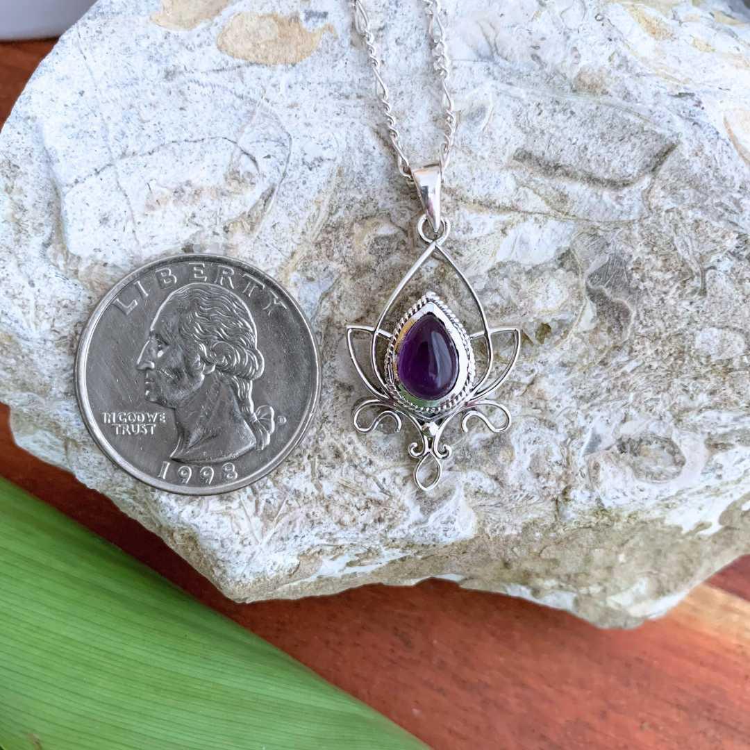 an image of an Amethyst Teardrop Lotus Sterling Silver Pendant