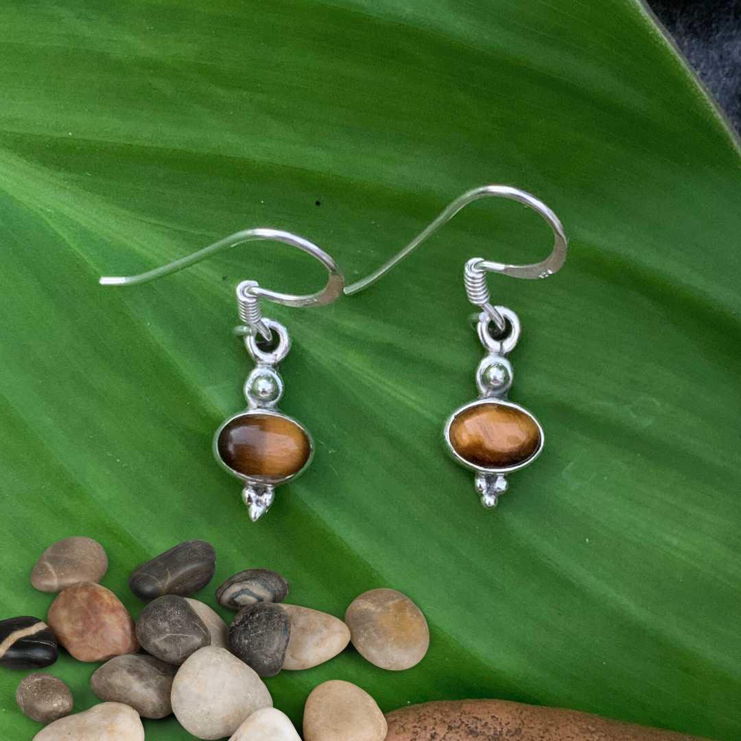 an image of a pair of Dainty Oval Tiger's Eye and Sterling Silver Earrings