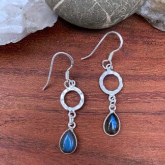 an image of a pair of Hammered Sterling Circle with Labradorite Teardrop Dangle Earrings. Total Drop: 1.69 inches x Width: .354 inches