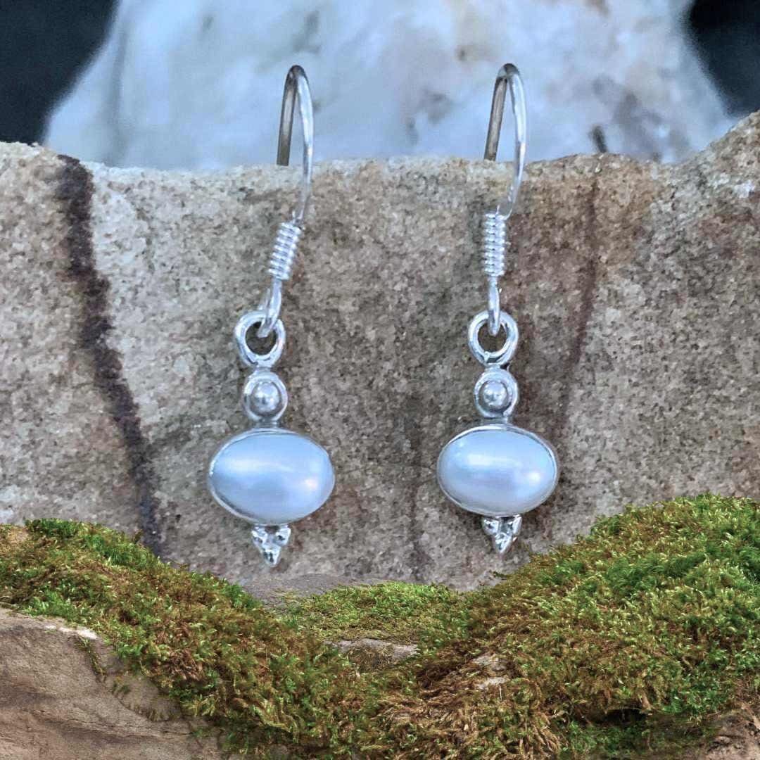 an image of a pair of Dainty Oval Pearl and Sterling Silver Earrings