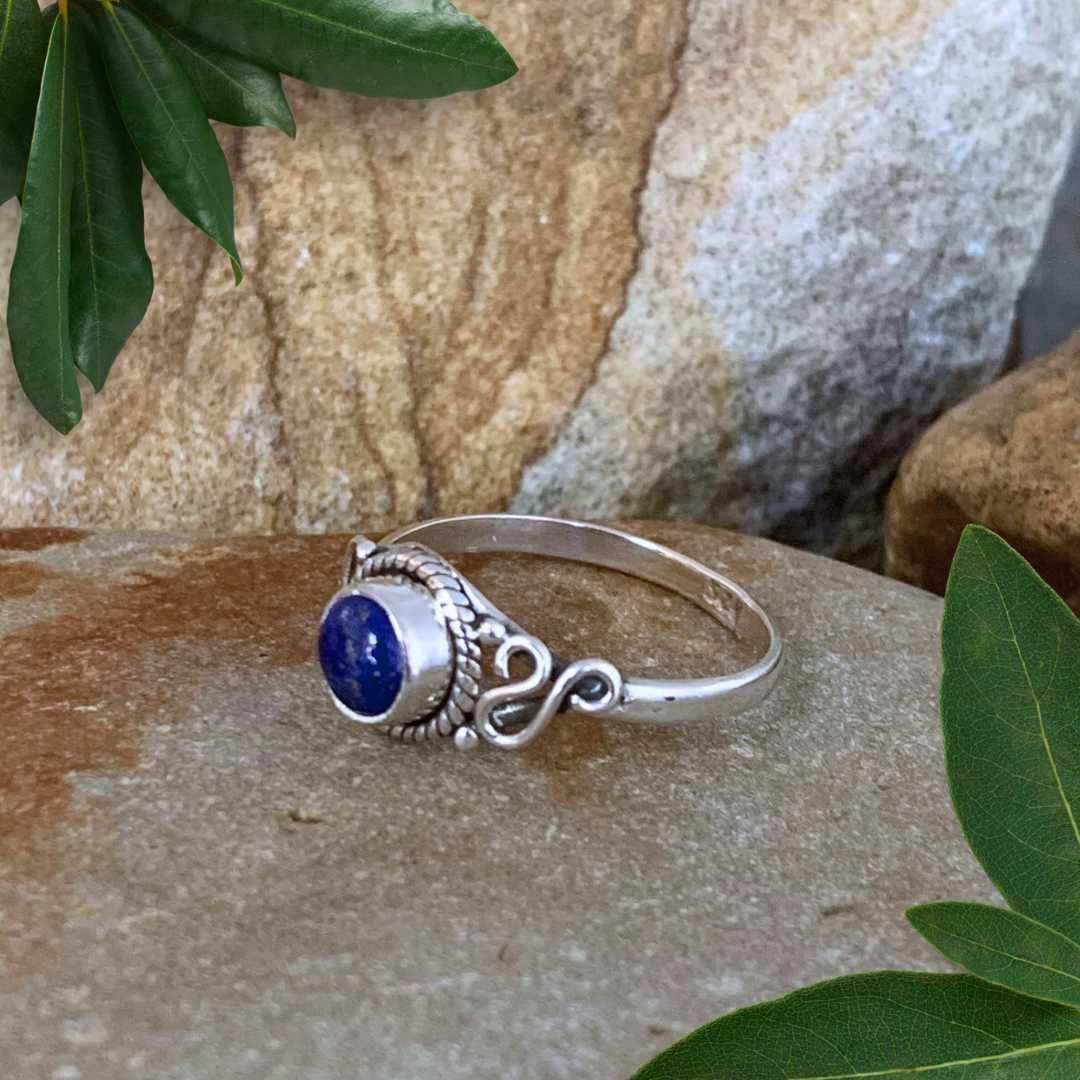 an image of a side view of a Petite Round Lapis Lazuli and Sterling Silver Ring