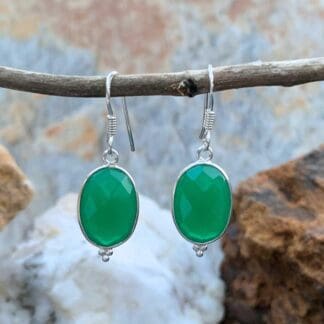 an image of a pair of Oval Faceted Green Onyx and Sterling Silver Earrings