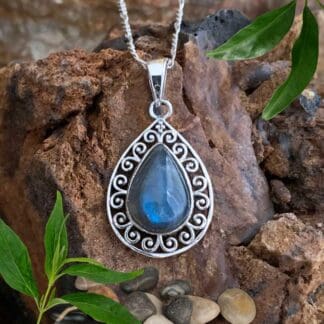 an image of a Teardrop Labradorite Filigree Sterling Silver Pendant