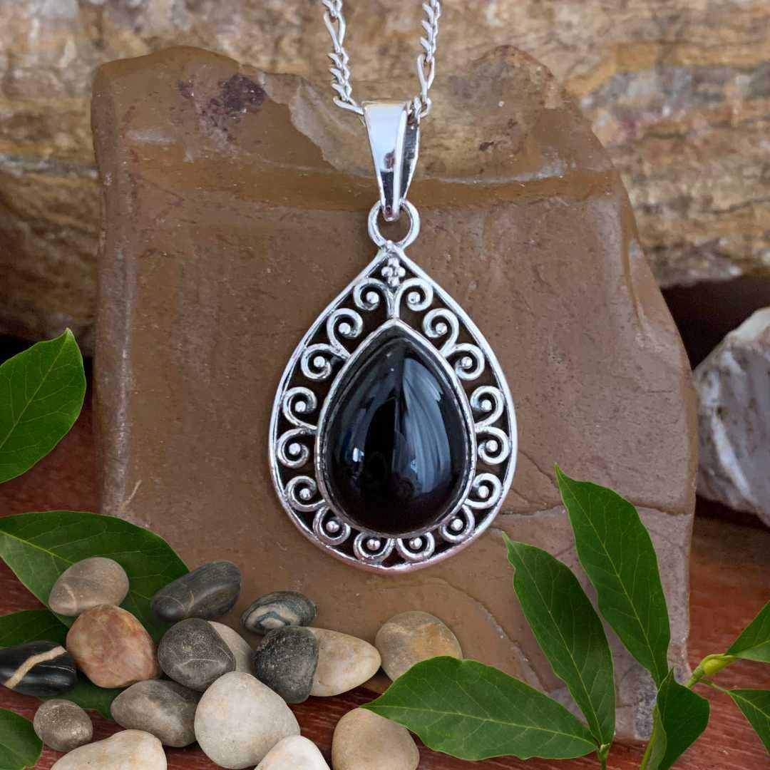 an image of a Teardrop Black Onyx Filigree Sterling Silver Pendant