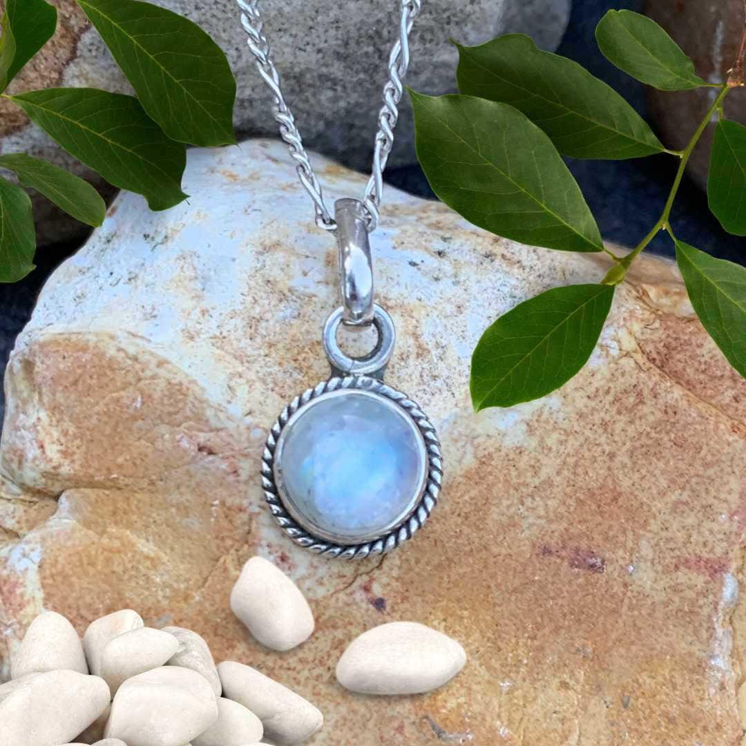 Petite Round Rainbow Moonstone Sterling Silver Pendant