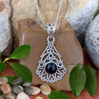 an image of a Feminine Filigree Sterling Silver and Black Onyx Pendant