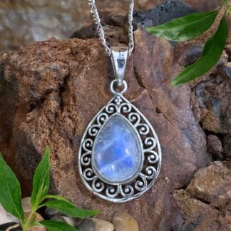 an image of a Teardrop Rainbow Moonstone Filigree Sterling Silver Pendant