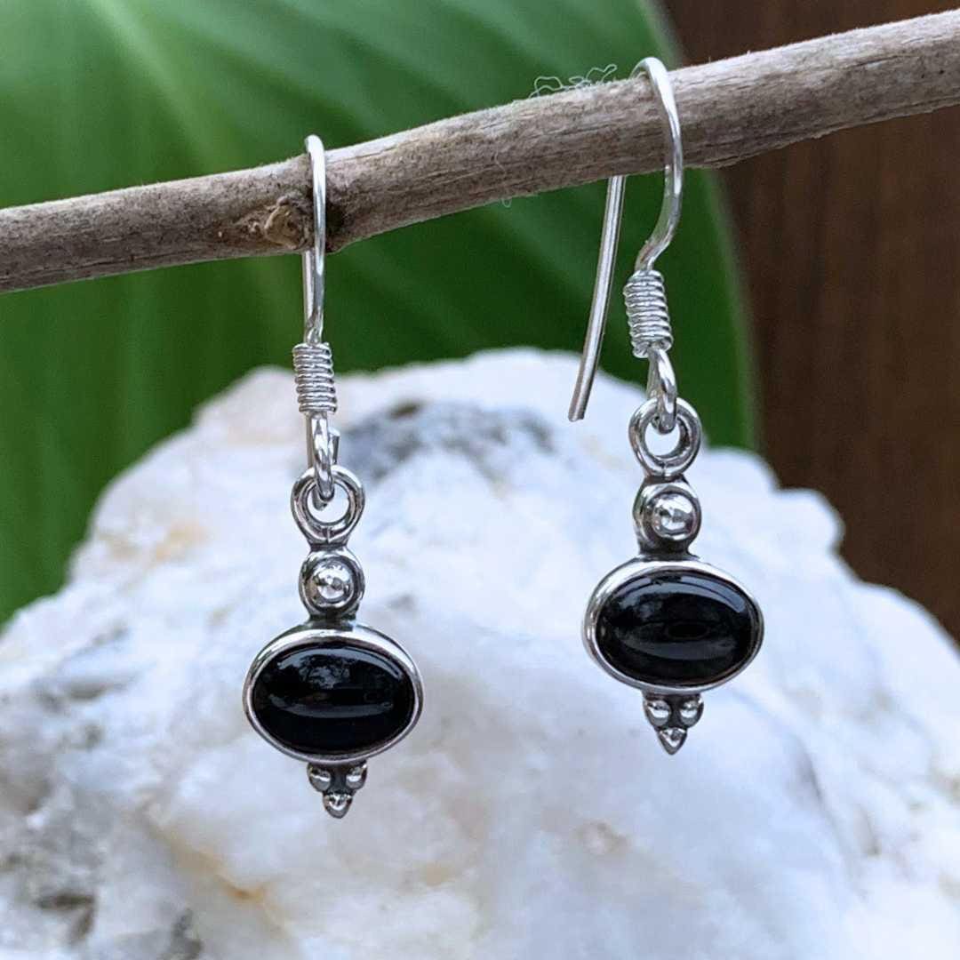 an image of a pair of Dainty Oval Black Onyx and Sterling Silver Earrings