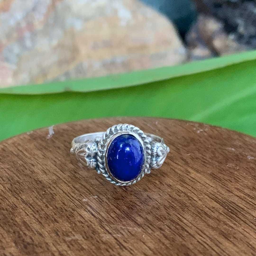 an image of an Oval Lapis Lazuli and Sterling Silver Ring With a heart on each side