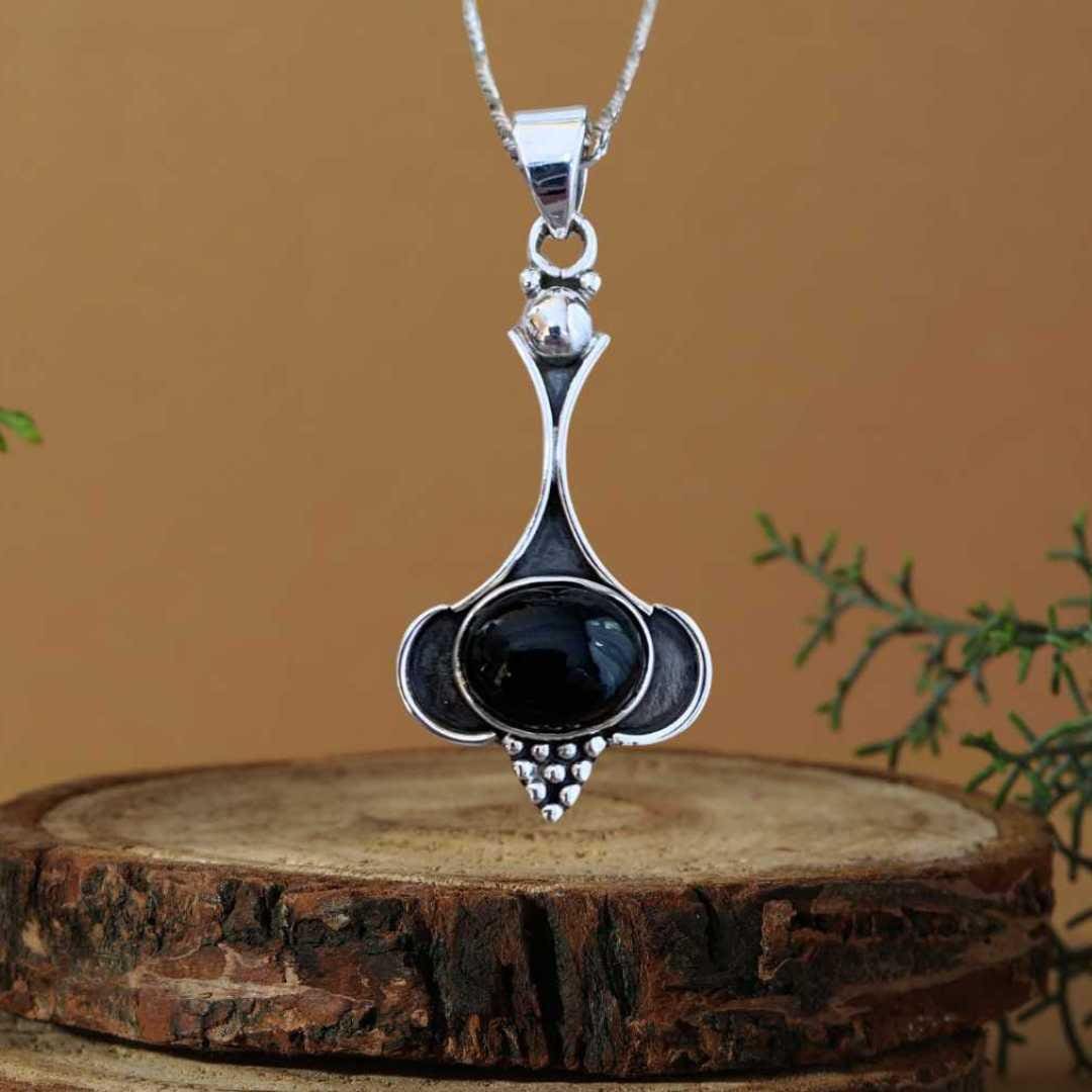 an image of a Oval Black Onyx and Sterling Silver Beaded Pendant