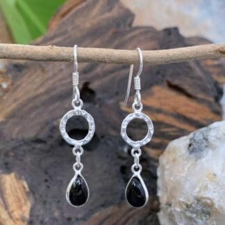 an image of a pair of Hammered Sterling Circle with Black Onyx Teardrop Earrings