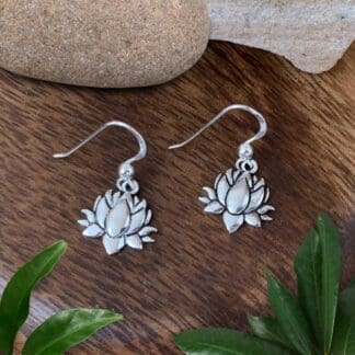 an image of a pair of Full blooming Sterling Silver Lotus Dangle Earrings