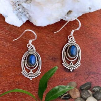 an image of an Oval Labradorite with Beaded Sterling Silver Earrings