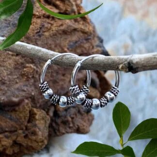 an image of a pair of Mini Three Ball Bali Sterling Silver Hoop Earrings