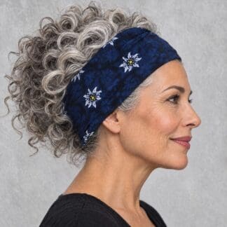 an image of a Navy and White Flowers Infinity Bandana Head Wrap on an AI generated model