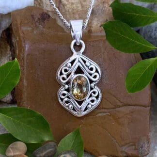 Oval Citrine and Filigree Sterling Silver Pendant