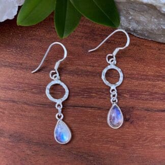 an image of a pair of Hammered Sterling Rainbow Moonstone Teardrop Earrings