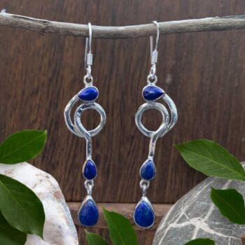 an image of a pair of dangling Triple Teardrop Lapis Lazuli and Sterling Silver Earrings