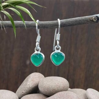 an image of a pair of Tiny Green Onyx Hearts and Sterling Silver Earrings