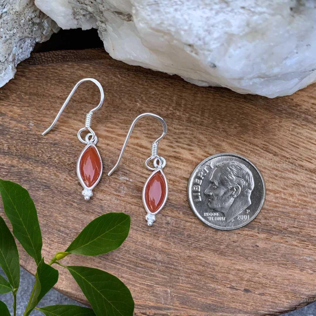 an image of a pair of Petite Marquise Carnelian and Sterling Silver Earrings next to a dime