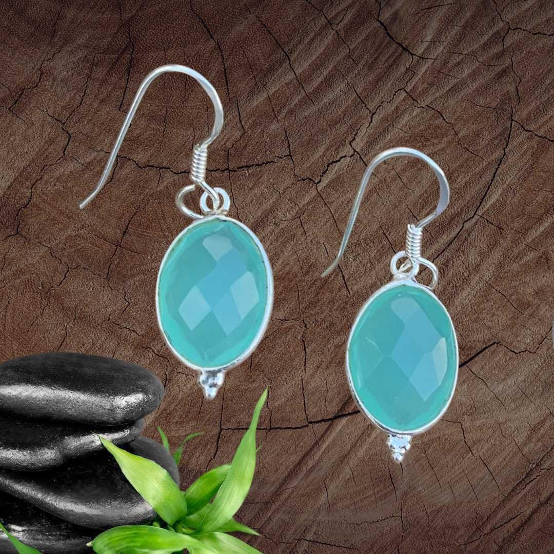 an image of a pair of Oval Faceted Aqua Chalcedony and Sterling Silver Earrings