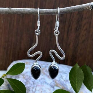 Contemporary Sterling Silver and Black Onxy Teardrop Earrings