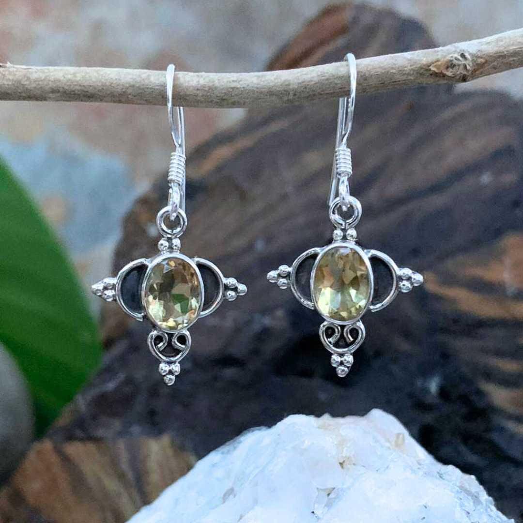 Ornate Sterling Silver and Oval Citrine Earrings