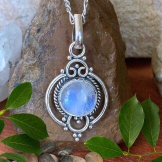 an image of a Feminine Rainbow Moonstone and Sterling Silver Pendant