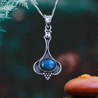an image of a Oval Labradorite and Sterling Silver Beaded Pendant