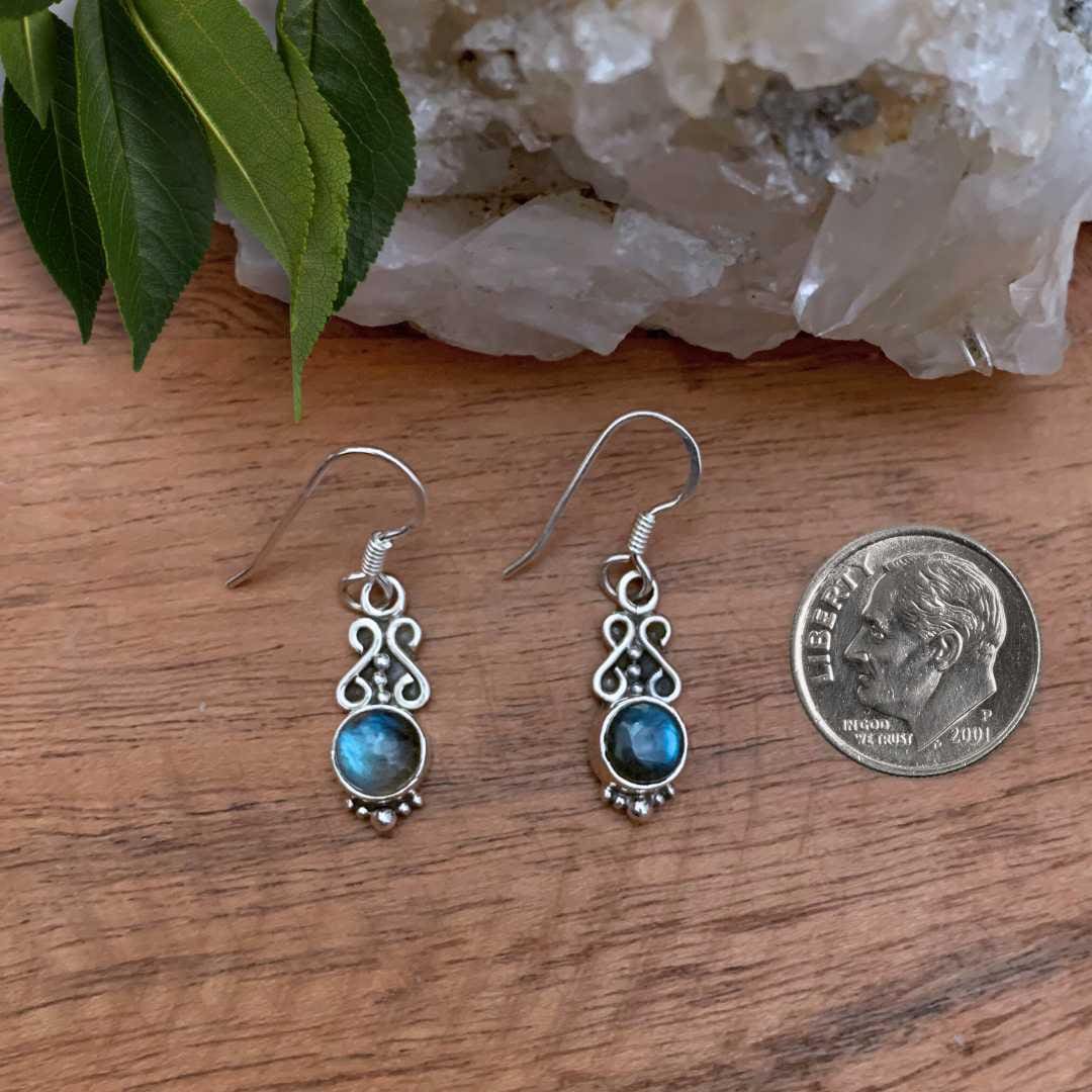 an image of a pair of Dainty Round Labradorite and Sterling Silver Earrings next to a dime