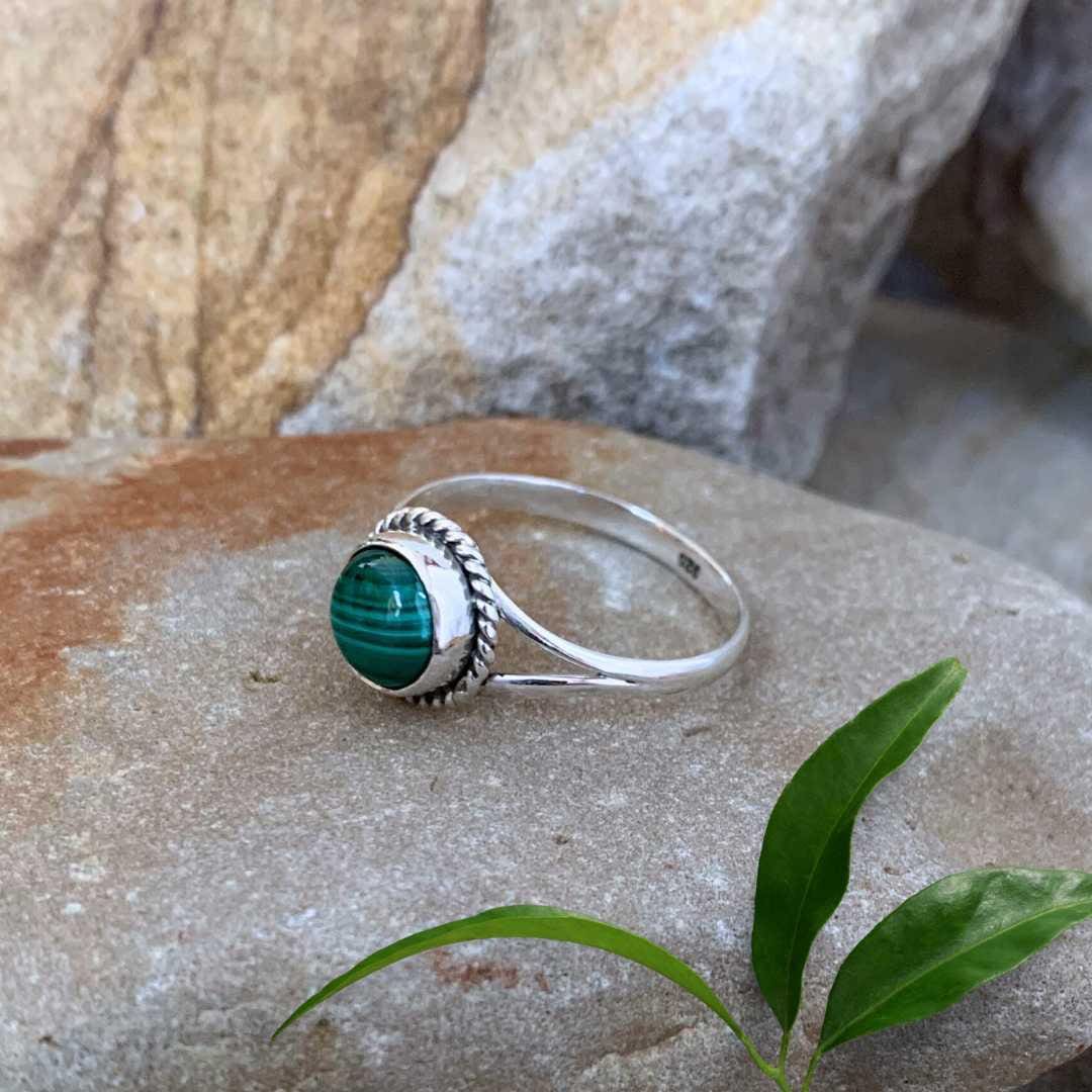 an image of a side view of a Round Malachite and Sterling Silver Ring