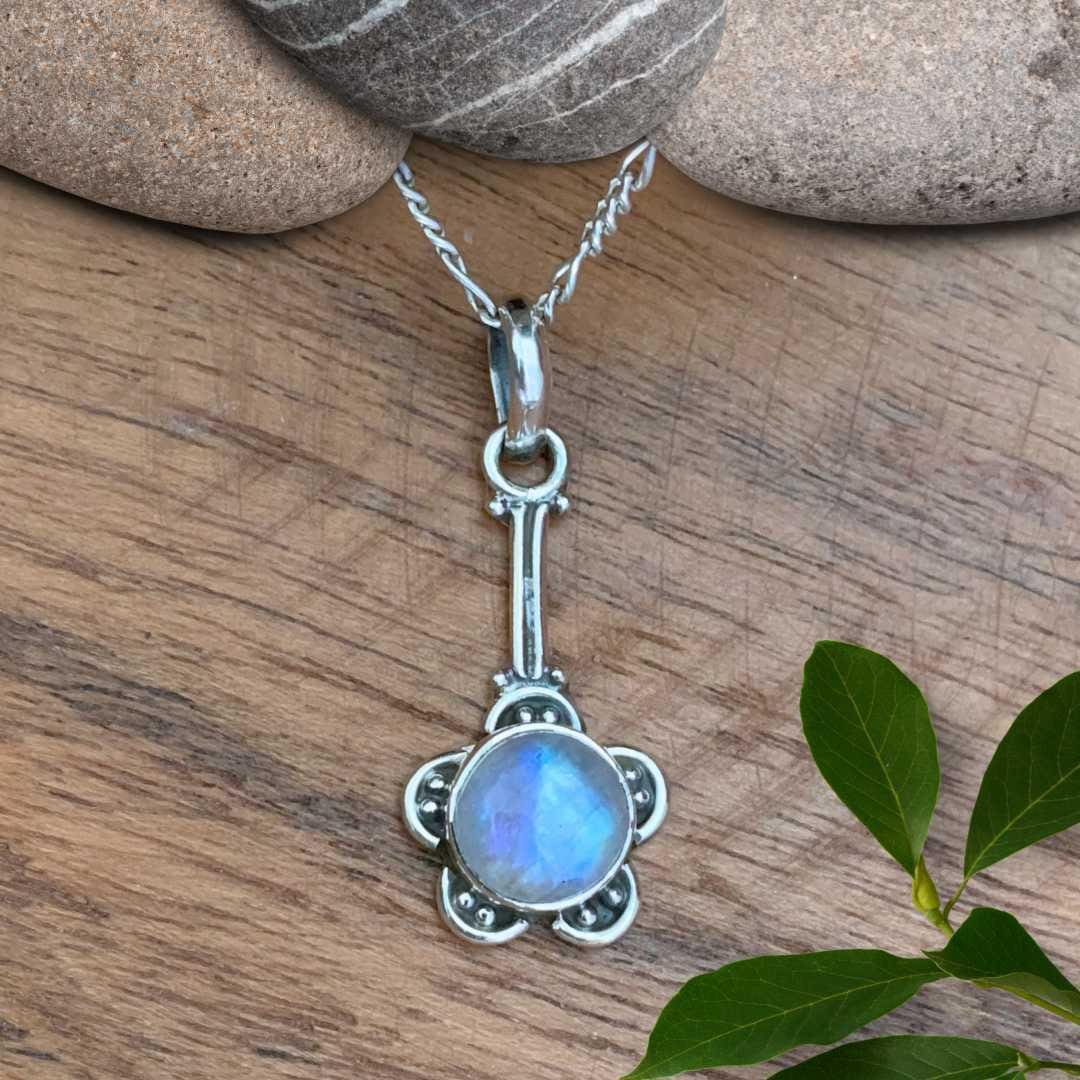 an image of a Flower Rainbow Moonstone and Sterling Silver Pendant