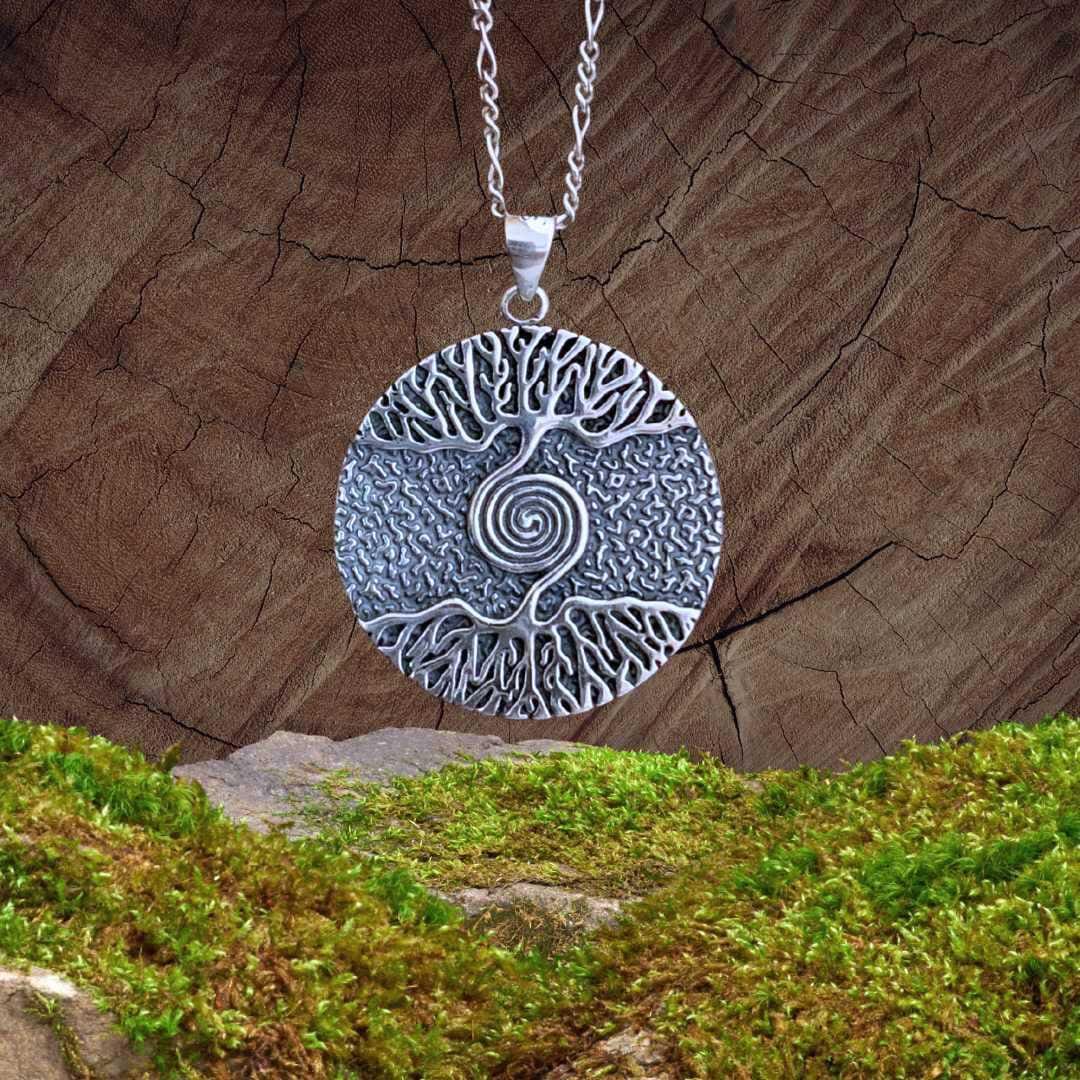 an image of a Round Sterling Silver Spiral Tree Roots Pendant