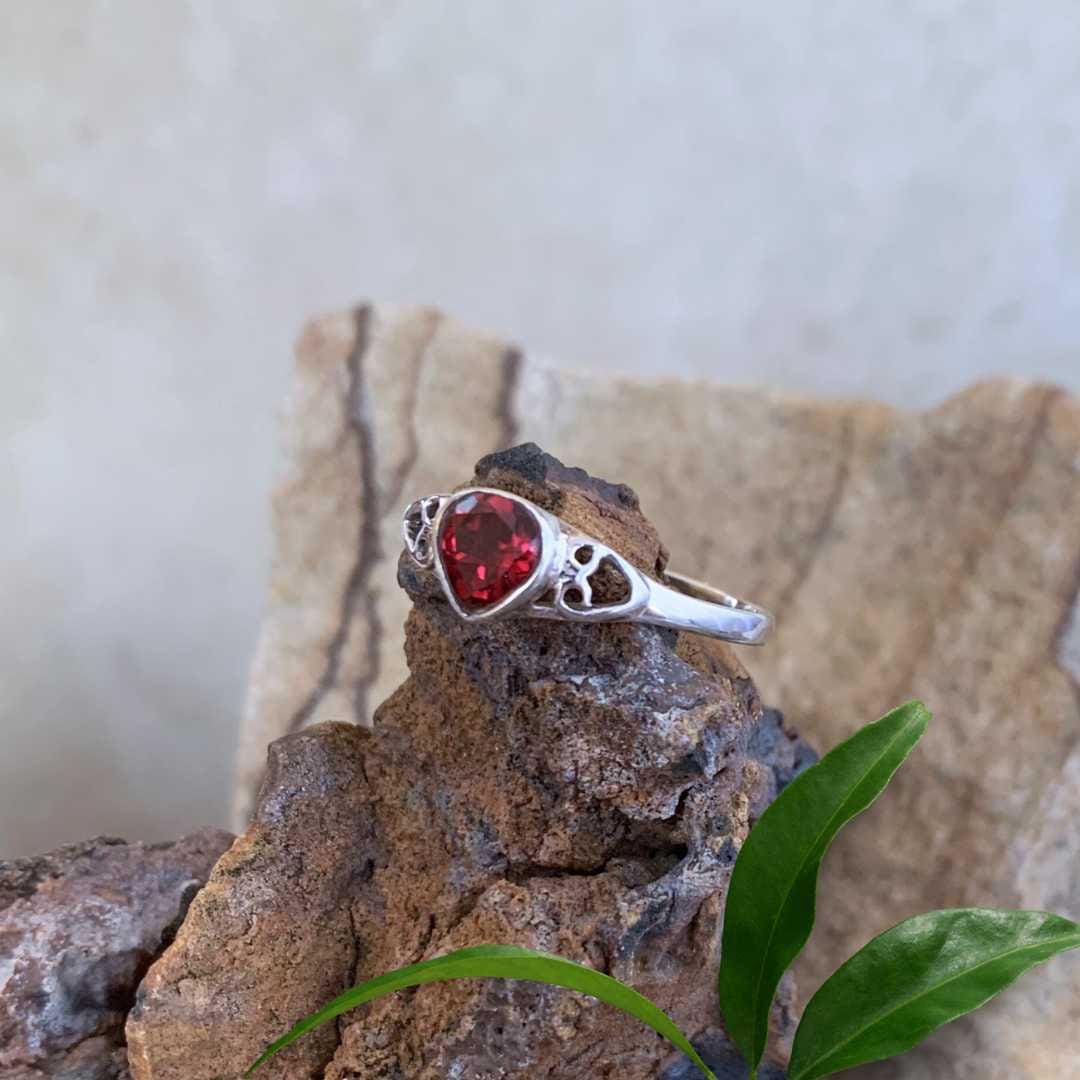 an image of a Dainty Sterling Silver Garnet Heart Ring