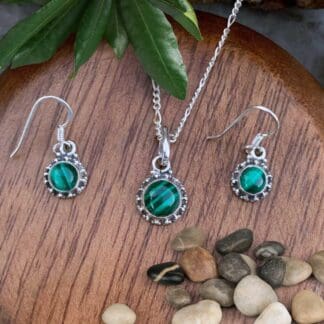 an image of a Dainty Sterling Silver and Malachite Pendant and Earrings Set