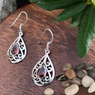 Teardrop Filigree Sterling Silver Garnet Earrings