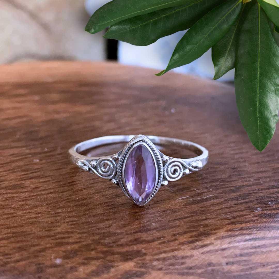 Dainty Marquise Amethyst and Sterling Silver Ring