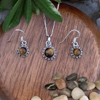 an image of a Dainty Sterling Silver and Tiger's Eye Pendant and Earrings Set