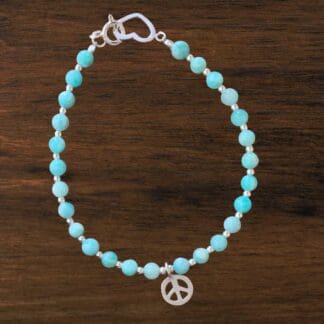 an image of an Amazonite and Sterling Silver Bracelet with Peace Sign and an open heart on the end to put the clasp in