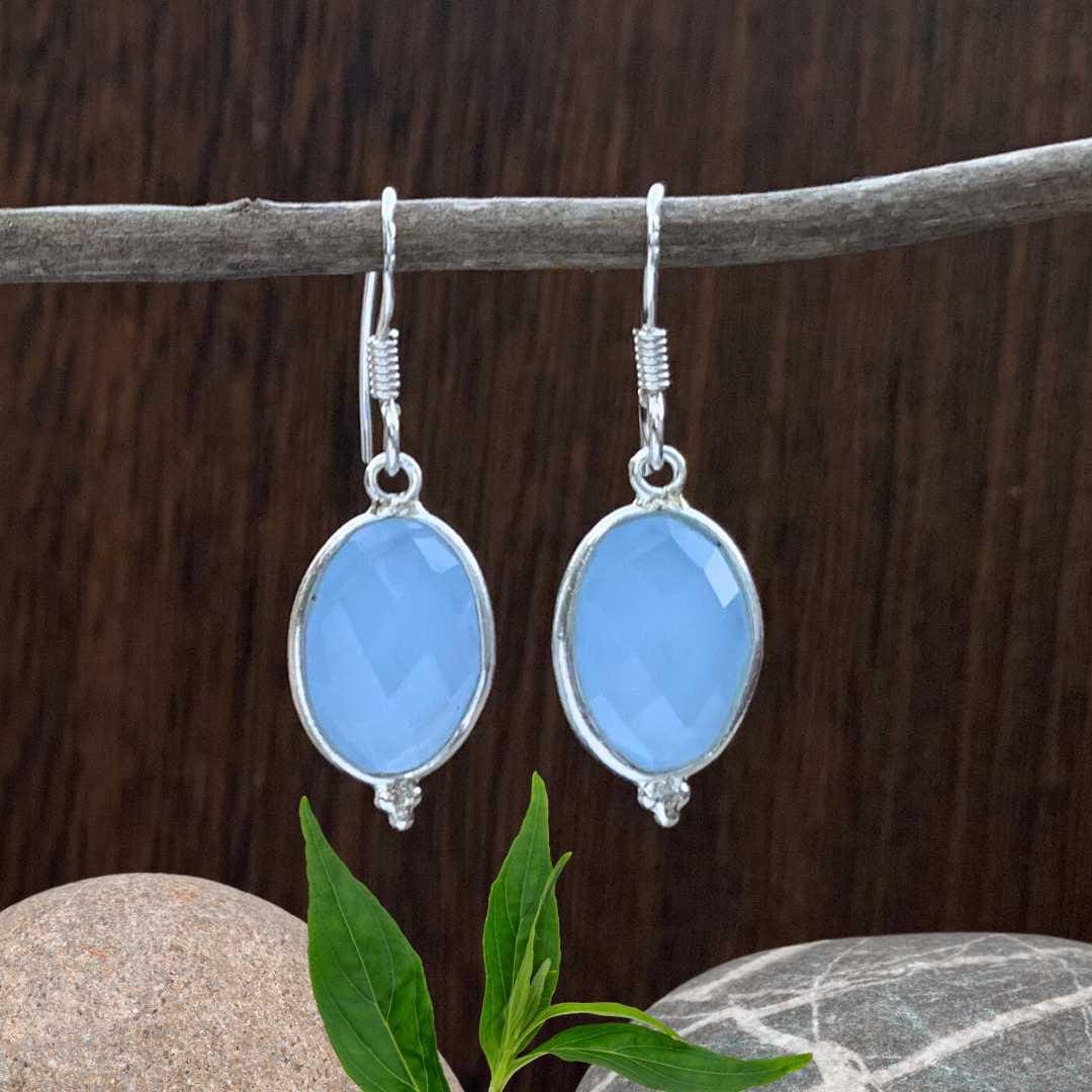Blue Chalcedony and Sterling Silver Oval Earrings