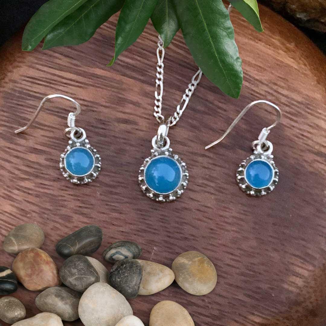 Sterling Silver and Blue Chalcedony Pendant and Earrings Set