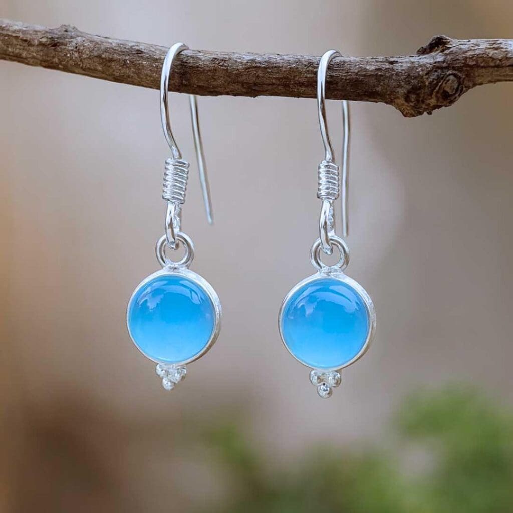an image of a pair of Petite Round Blue Chalcedony and Sterling Silver Earrings