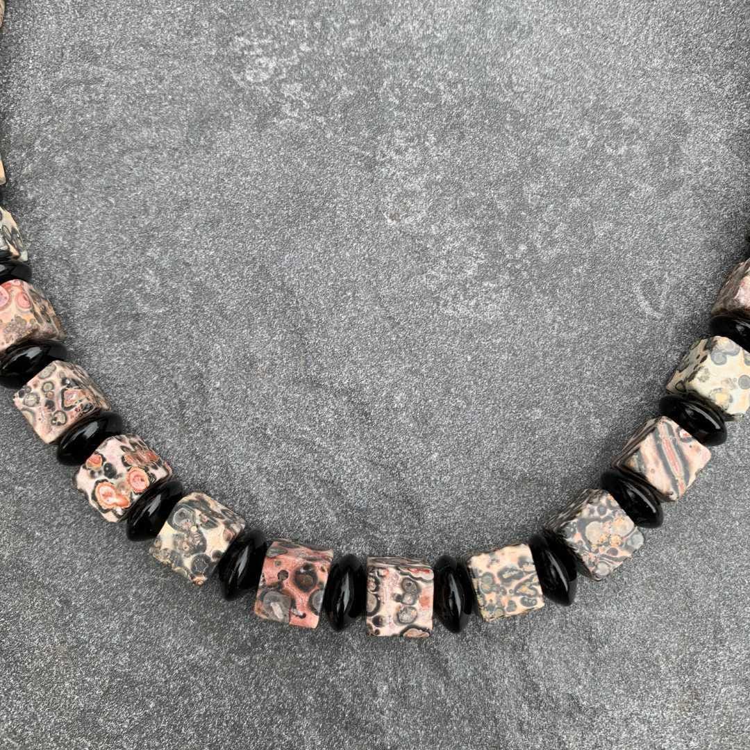 an close up image of a Square Leopard Skin Jasper and Black Onyx Beaded Necklace