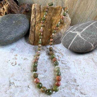 An image of a Faceted Unakite and Sterling Silver Beaded Necklace