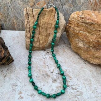 an image of a Barrel and Round Malachite Beaded Necklace
